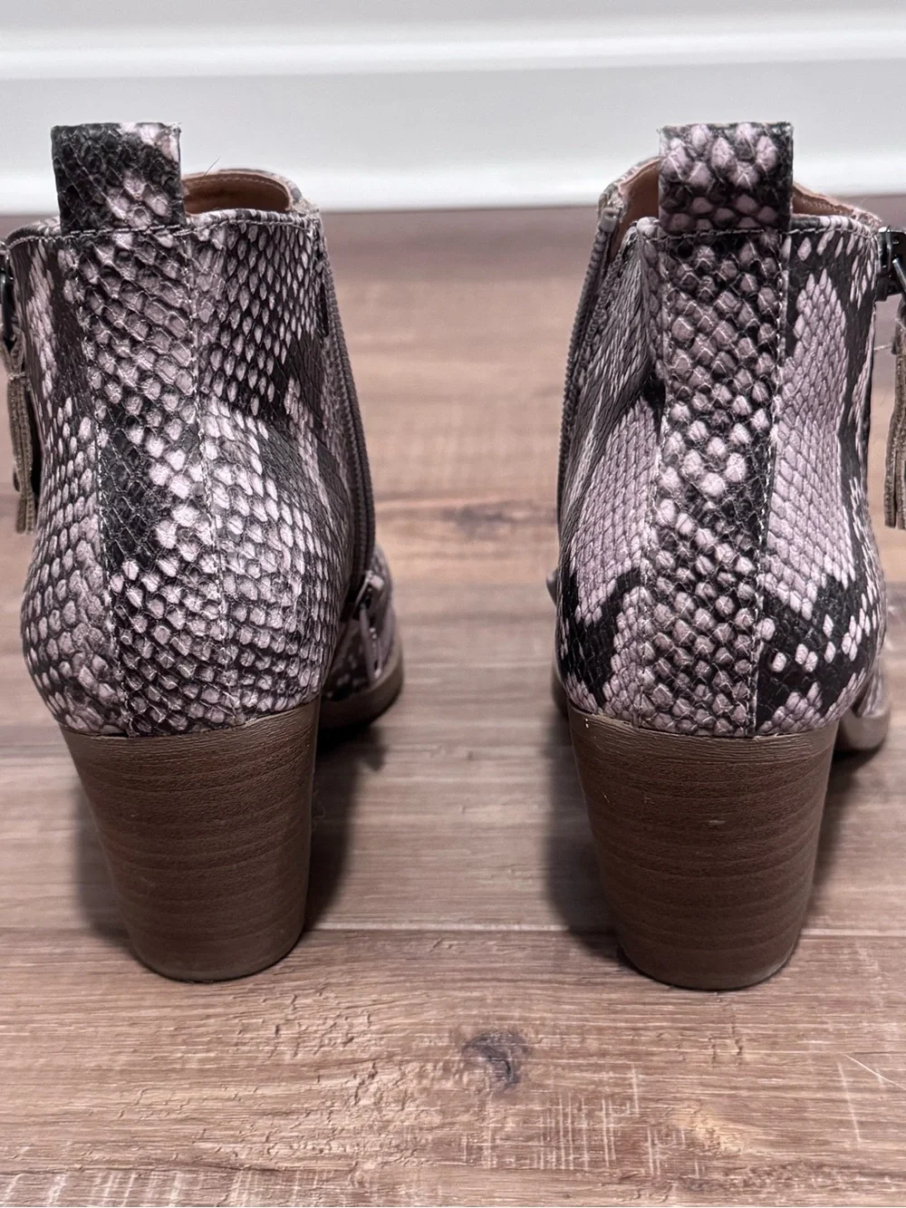 Universal Thread Snake-Print Ankle Booties in Gray and Cream